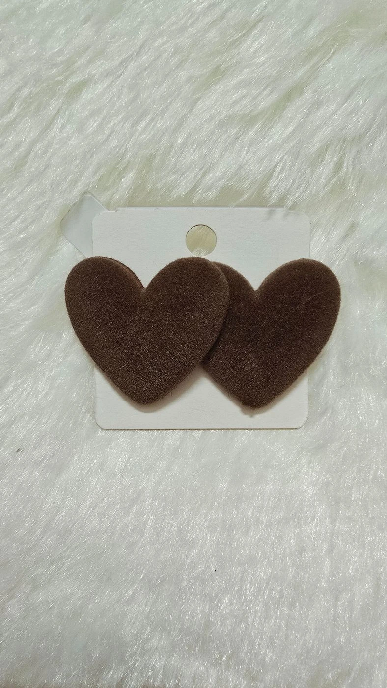 Chunky Brown Velvet Heart Stud Earrings