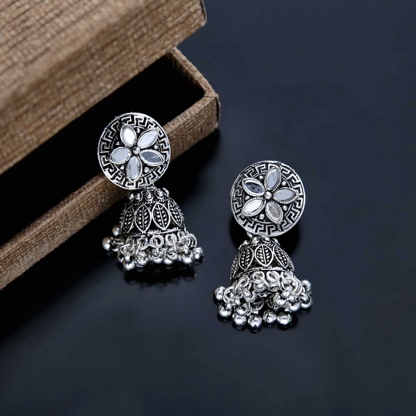 Mirror Design Oxidised Jhumka