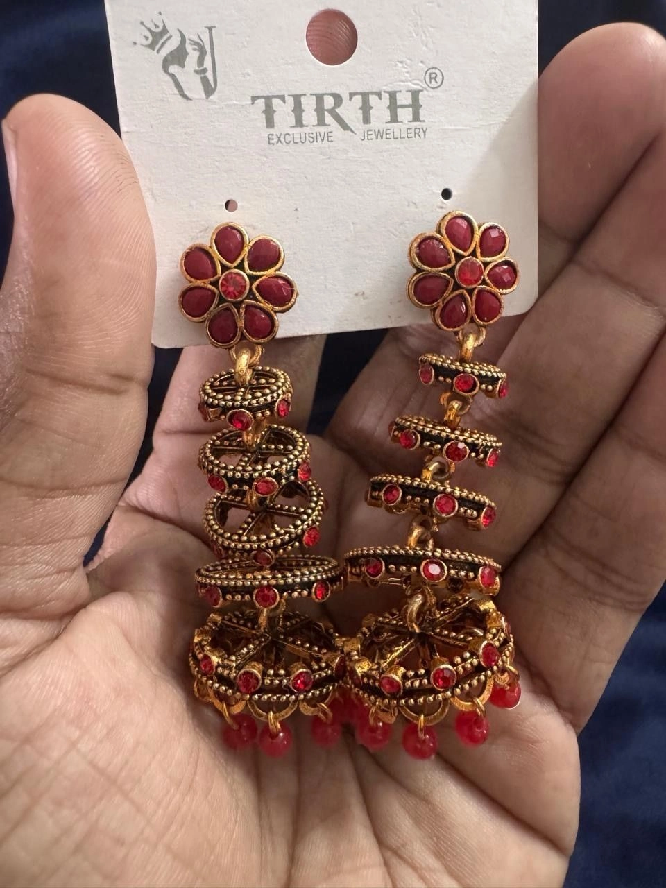 Red Mukti-Tier Step Jhumka Earring 3