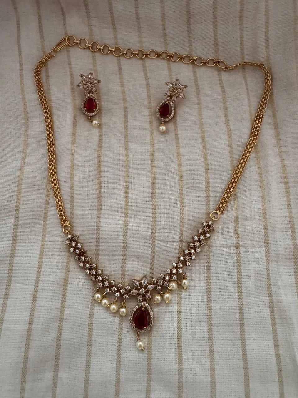 Gold-toned CZ & Ruby-style Drop Necklace Set with Matching Earrings 1