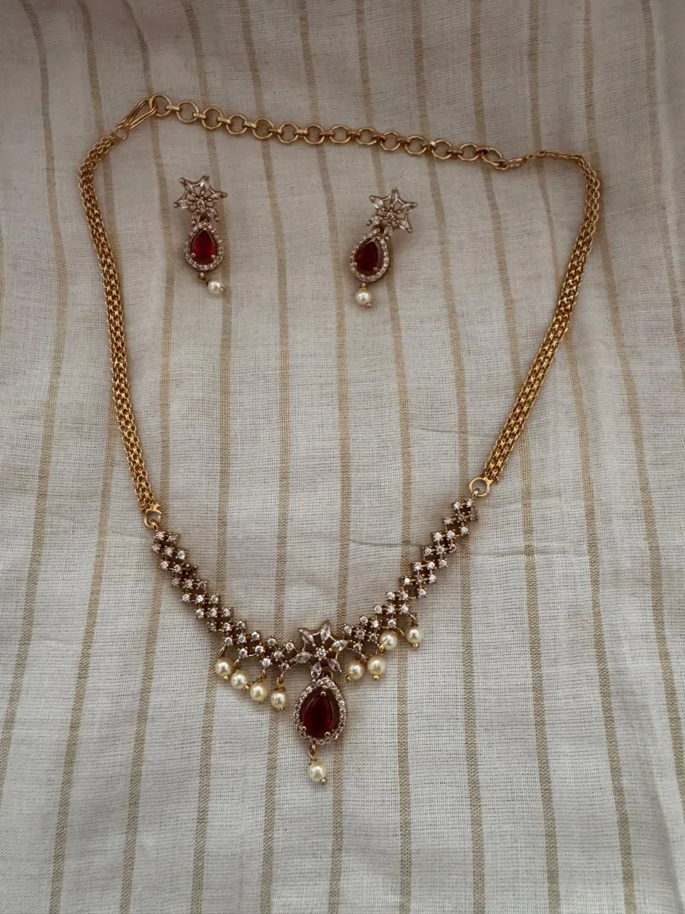 Gold-toned CZ & Ruby-style Drop Necklace Set with Matching Earrings 2