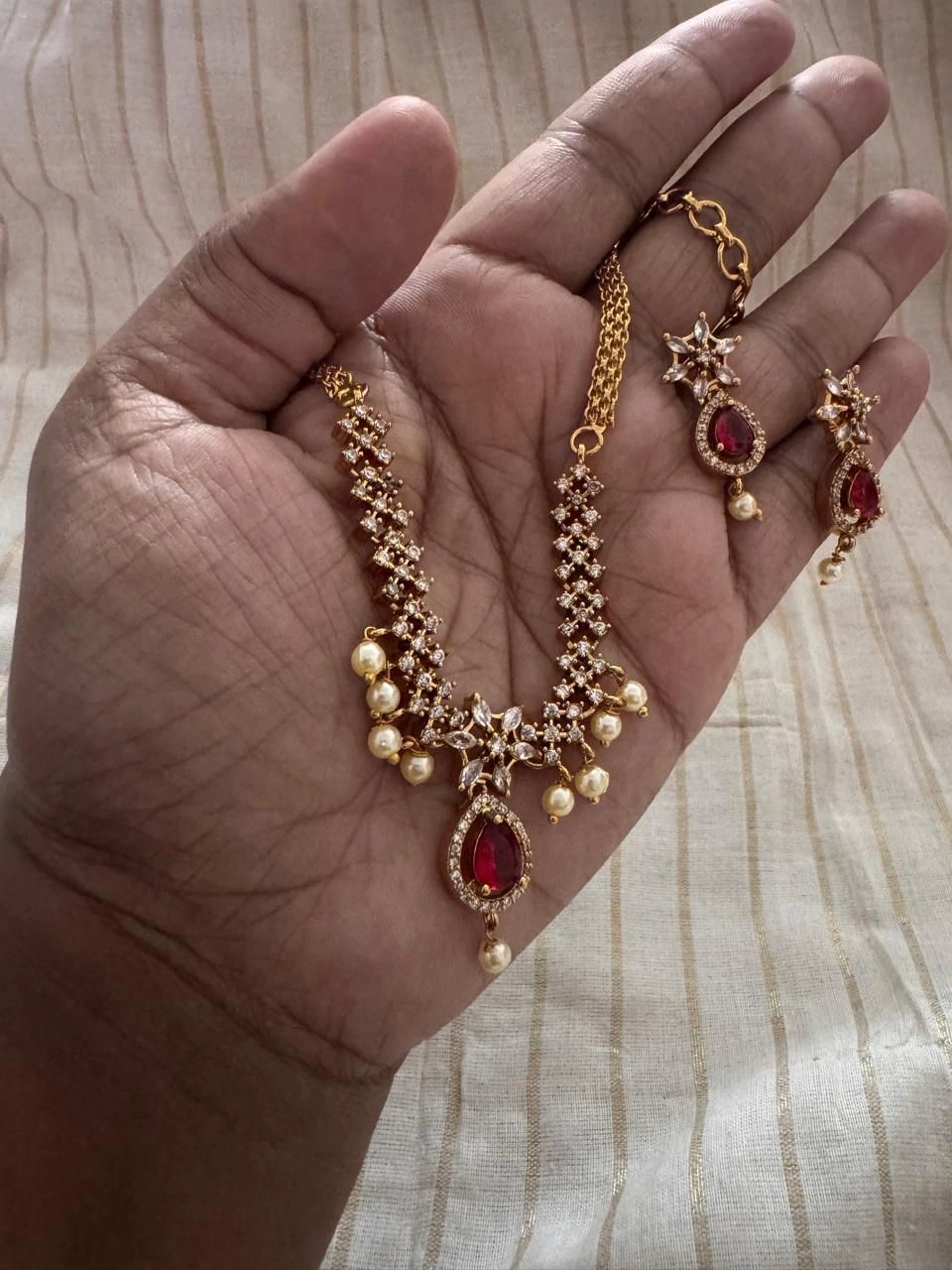 Gold-toned CZ & Ruby-style Drop Necklace Set with Matching Earrings 3