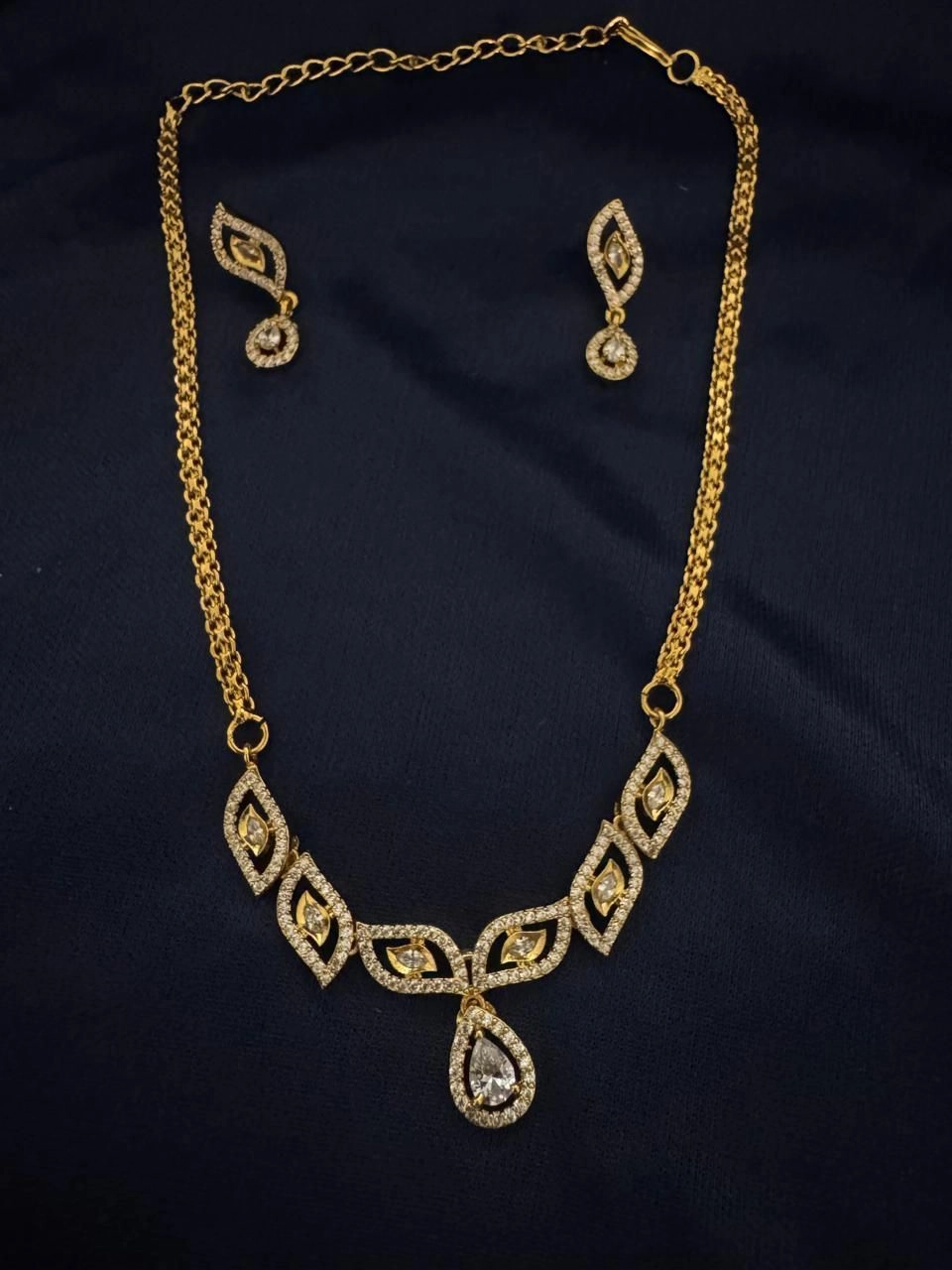 Gold-toned CZ & Ruby-style Drop Necklace Set 1