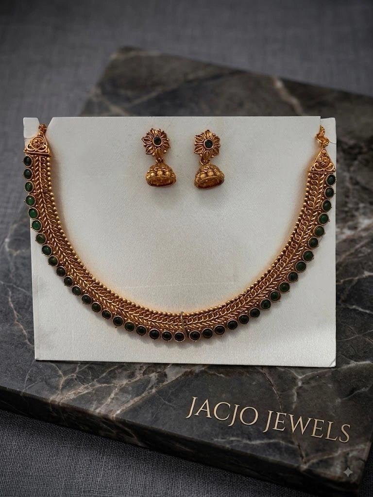 Antique Finish Gold-Plated Necklace & Jhumka Set 1