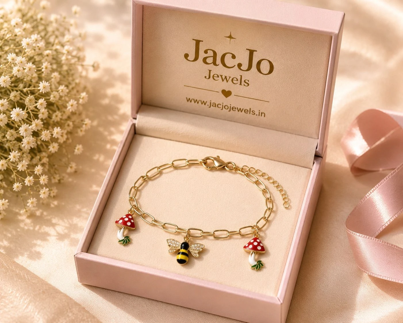 Mushroom & Bee Charm Gold-Plated Bracelet 🐝🍄 1