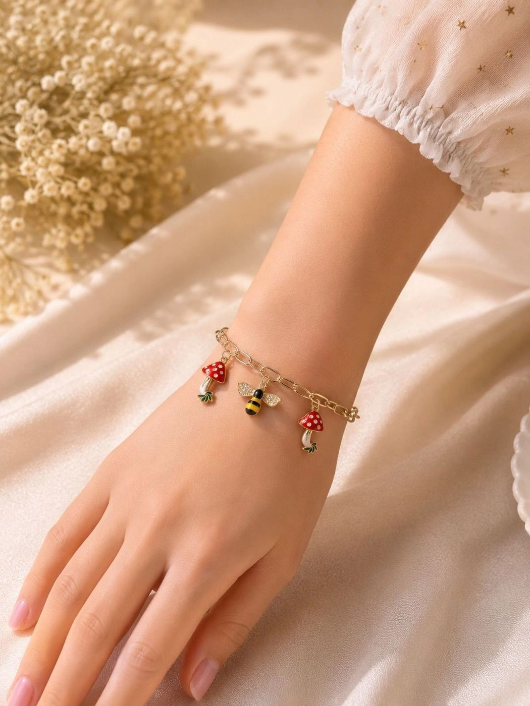 Mushroom & Bee Charm Gold-Plated Bracelet 🐝🍄 2