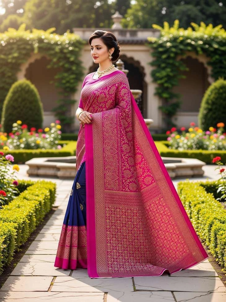 Fabwomen Printed Fashion Art Silk Saree with Unstitched Blouse (Pink, Blue)