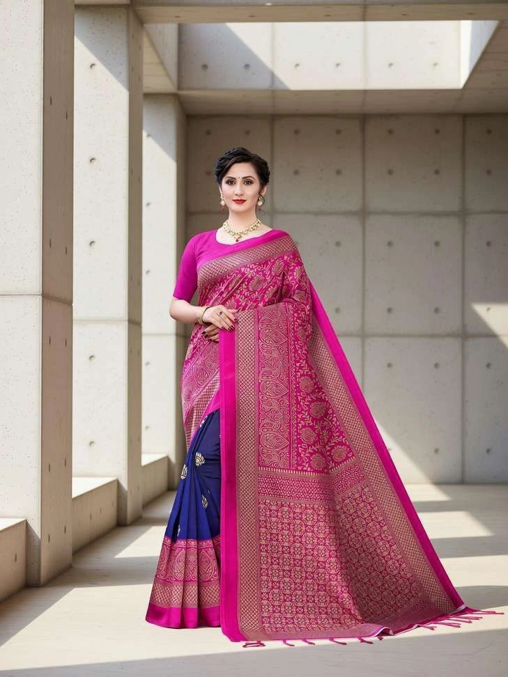 Fabwomen Printed Fashion Art Silk Saree with Unstitched Blouse (Pink, Blue)
