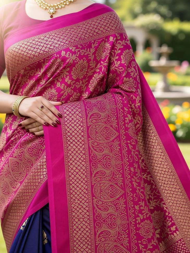 Fabwomen Printed Fashion Art Silk Saree with Unstitched Blouse (Pink, Blue) 3