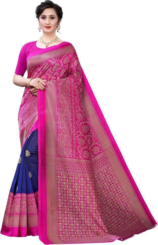 Fabwomen Printed Fashion Art Silk Saree with Unstitched Blouse (Pink, Blue) 4