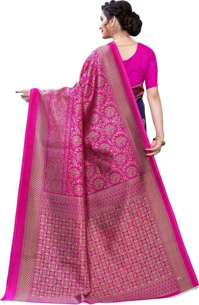 Fabwomen Printed Fashion Art Silk Saree with Unstitched Blouse (Pink, Blue) 5
