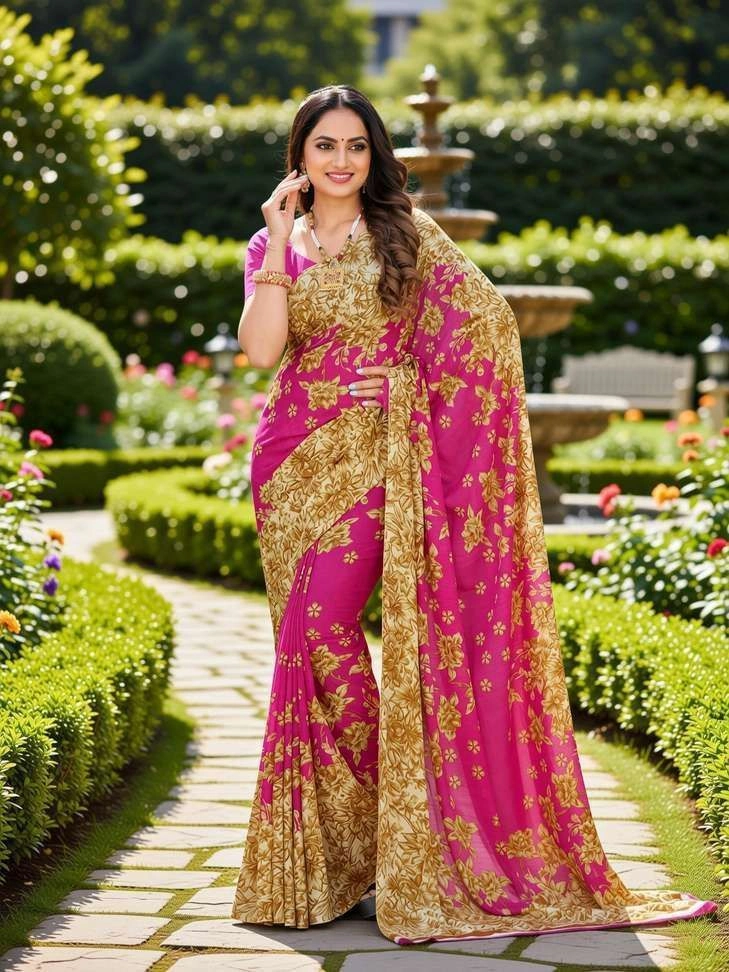 Floral Print Daily Wear Georgette Saree with Unstitched Blouse (Pink, Beige)