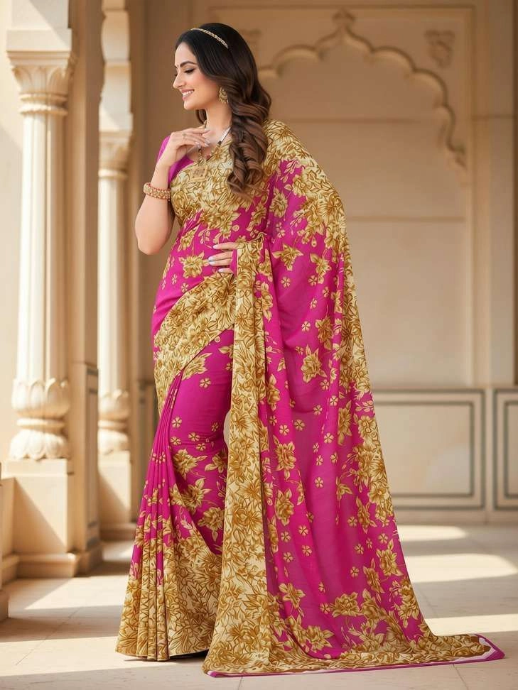 Floral Print Daily Wear Georgette Saree with Unstitched Blouse (Pink, Beige)