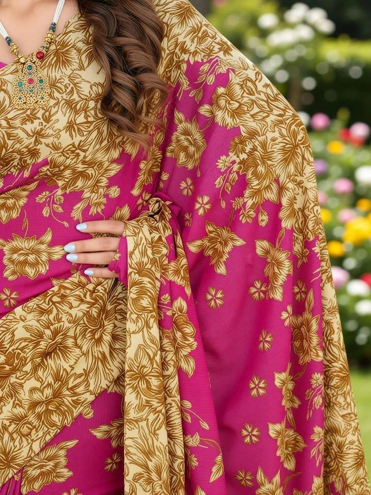 Floral Print Daily Wear Georgette Saree with Unstitched Blouse (Pink, Beige) 3