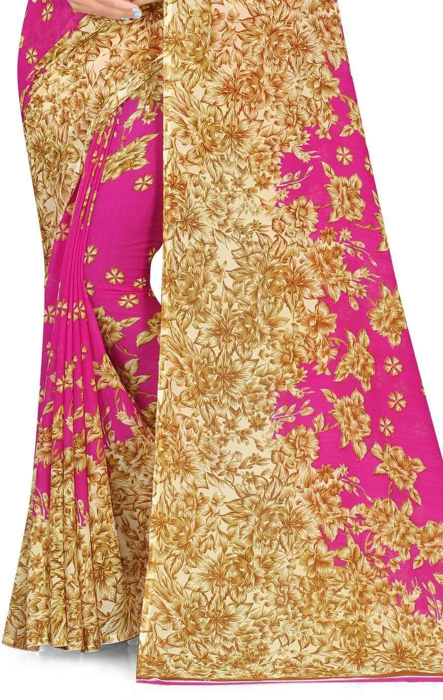 Floral Print Daily Wear Georgette Saree with Unstitched Blouse (Pink, Beige) 5