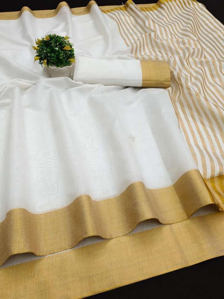 Self Design Kasavu Pure Cotton Saree with Unstitched Blouse (White) 4