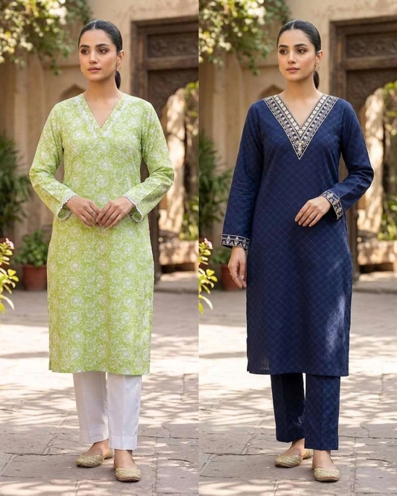 Women Embroidered, Floral Print Kurta (Dark Blue, Green)