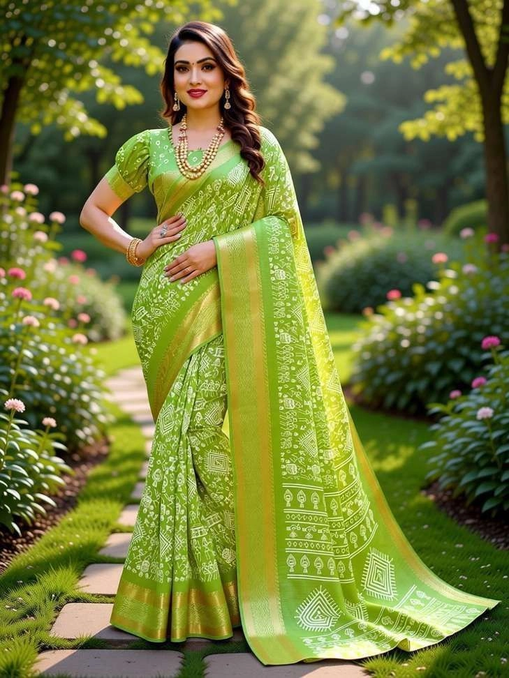 Hema Silk Mills Embellished Bandhani Cotton Silk Saree with Unstitched Blouse (Green) 1