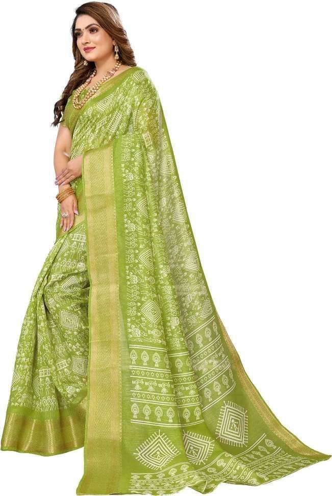 Hema Silk Mills Embellished Bandhani Cotton Silk Saree with Unstitched Blouse (Green) 2