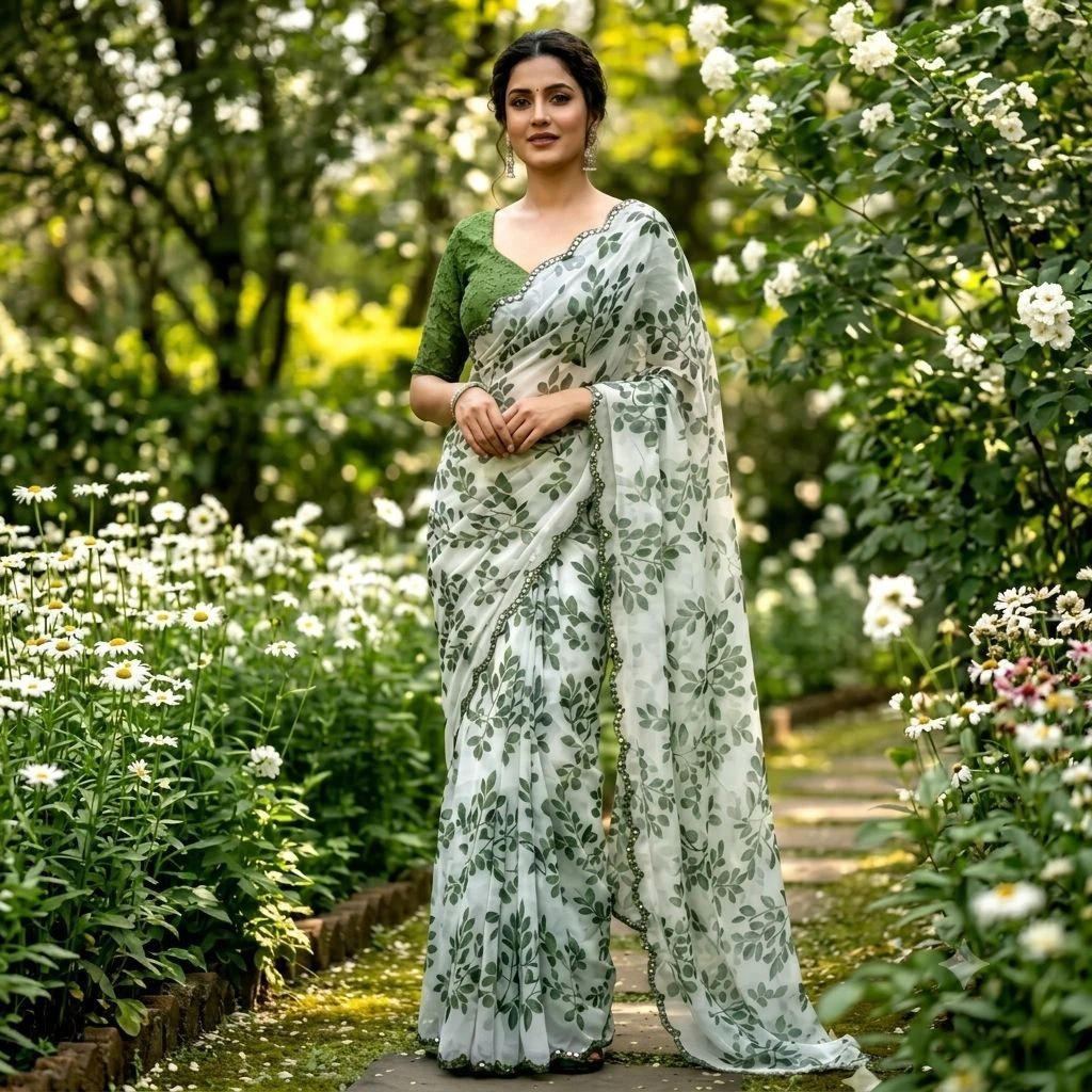 Organza Saree With Cut mirror Border