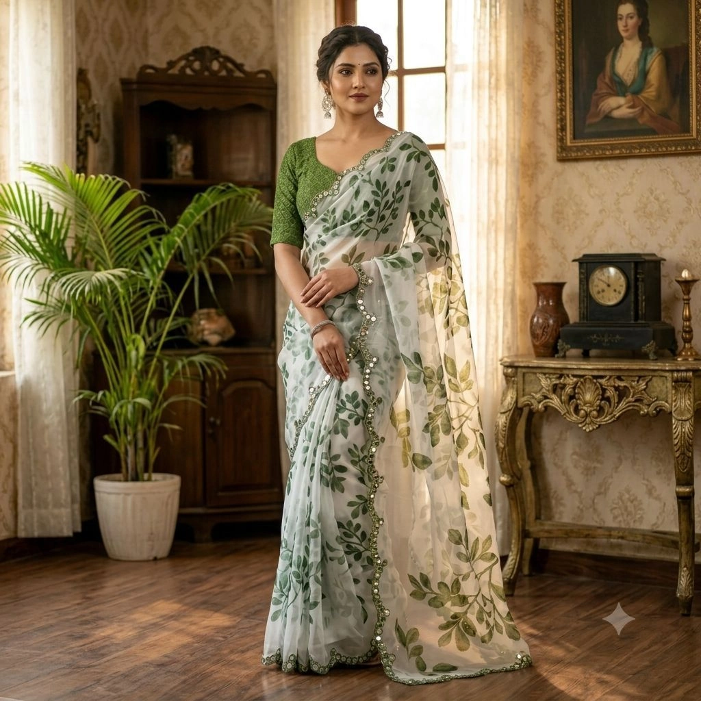 Organza Saree With Cut mirror Border 3