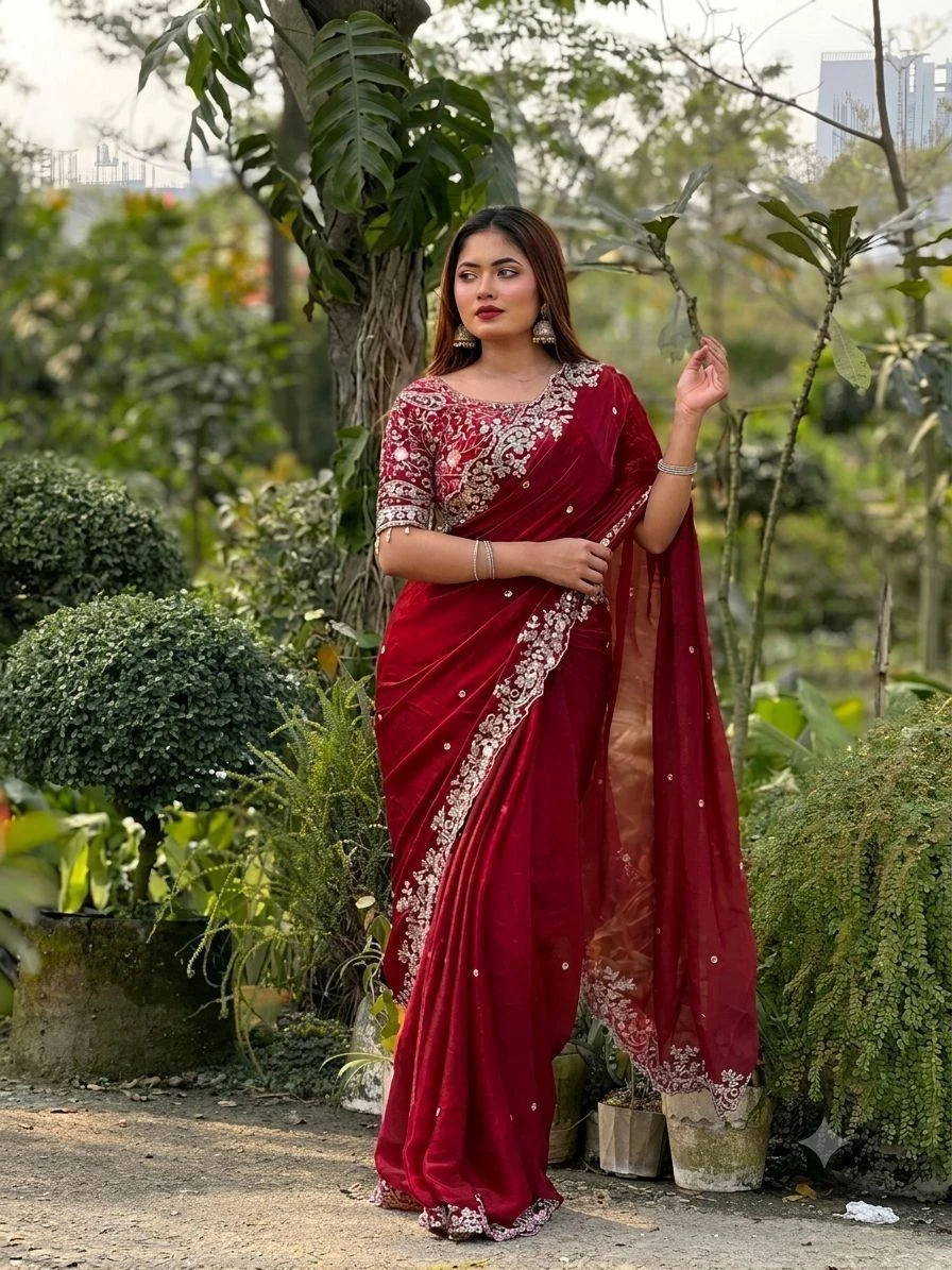 Satin Silk Saree With Embroidery Work 1