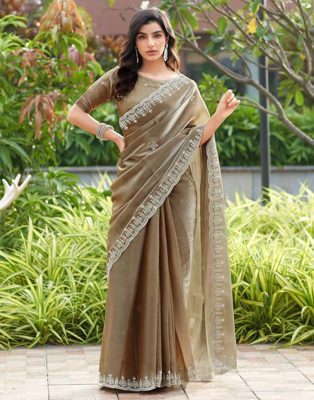 Beige Shimmer Sequence Embroidery Saree 1