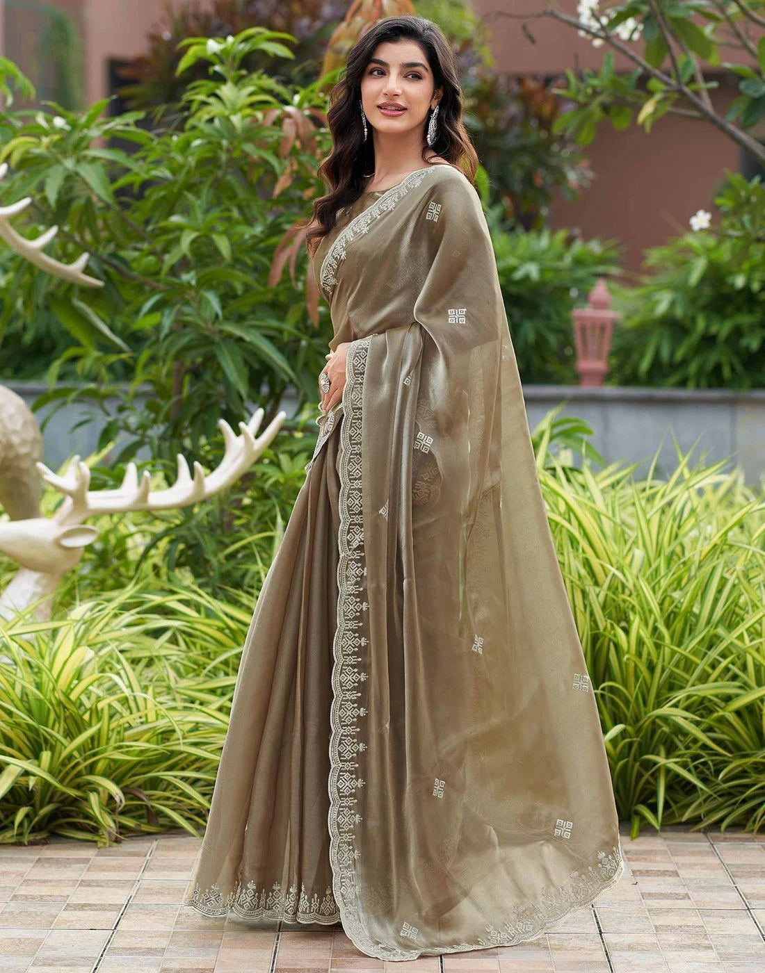 Beige Shimmer Sequence Embroidery Saree 3