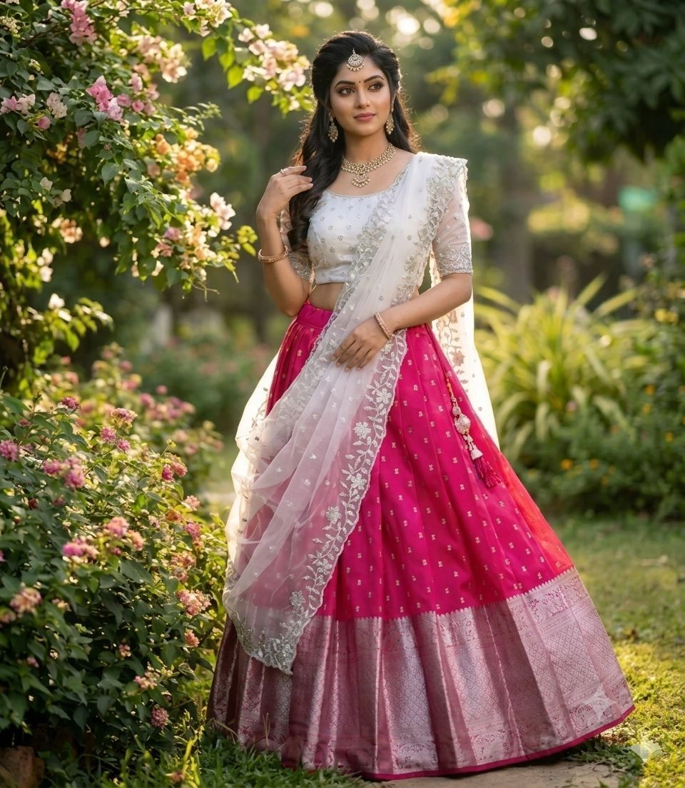 Kanjiveram Silk Zari Lehanga With Blouse Along With Embroideried Net Duppta
