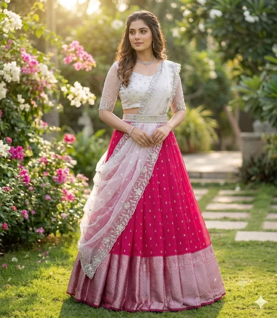 Kanjiveram Silk Zari Lehanga With Blouse Along With Embroideried Net Duppta 3