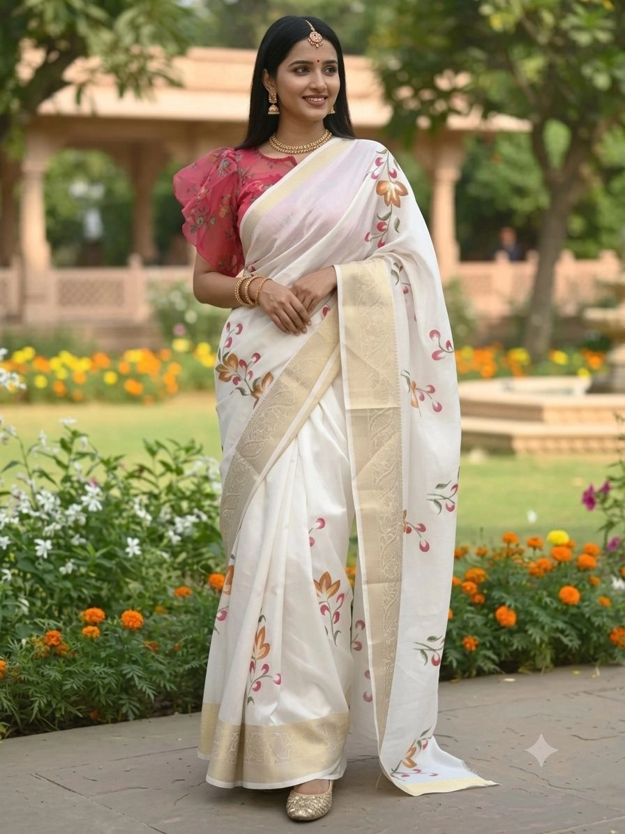 White Dola Silk Saree with Hand printed 1