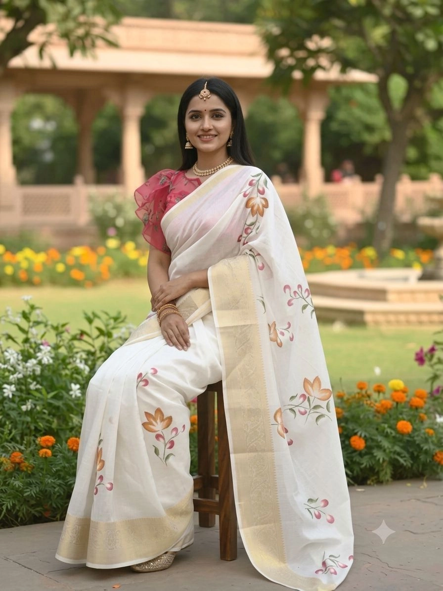 White Dola Silk Saree with Hand printed 2