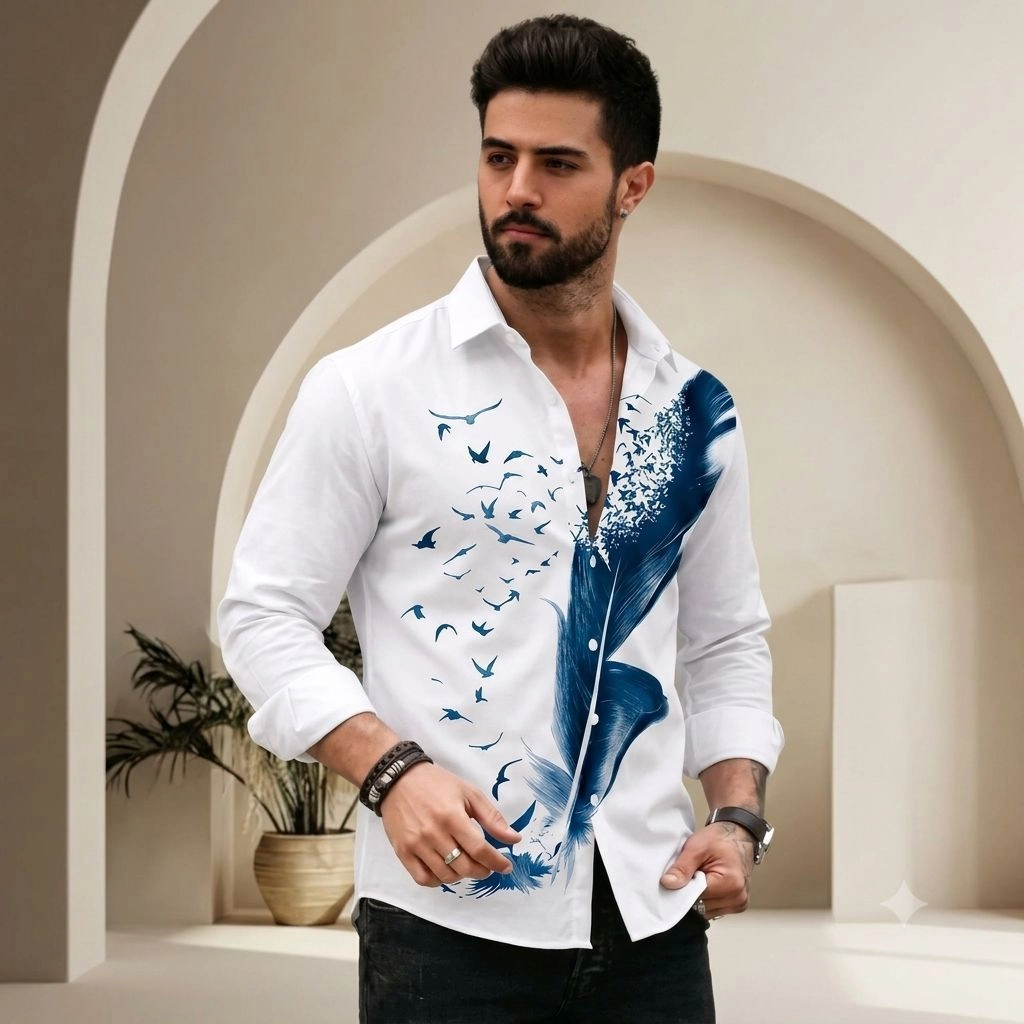 Men’s Printed Lycra Shirt White Blue 1