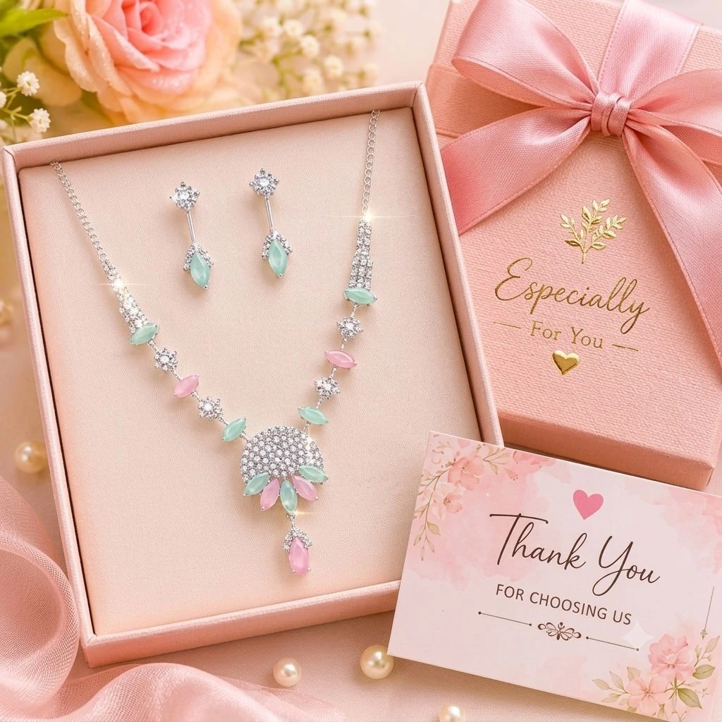 Luxury Silver AD Diamond Necklace and Earrings Set 1