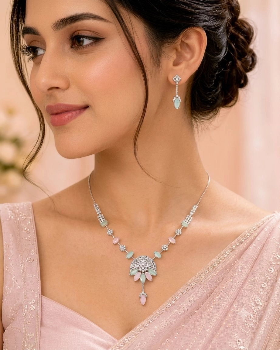 Luxury Silver AD Diamond Necklace and Earrings Set 2