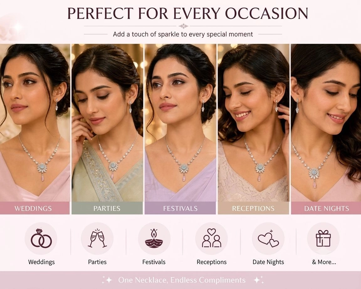 Luxury Silver AD Diamond Necklace and Earrings Set 4