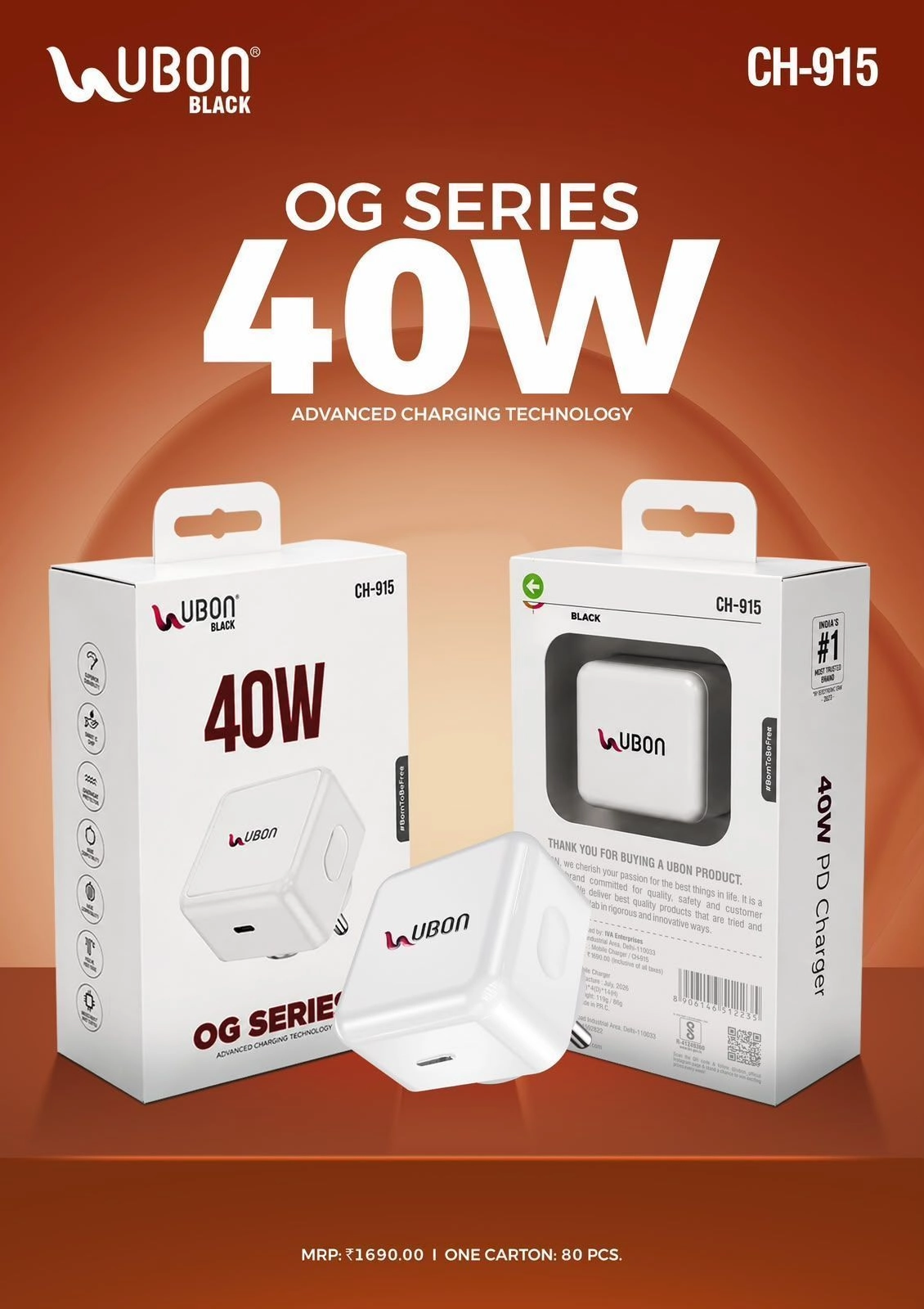 UBON Black CH-915 40W PD Fast Charger