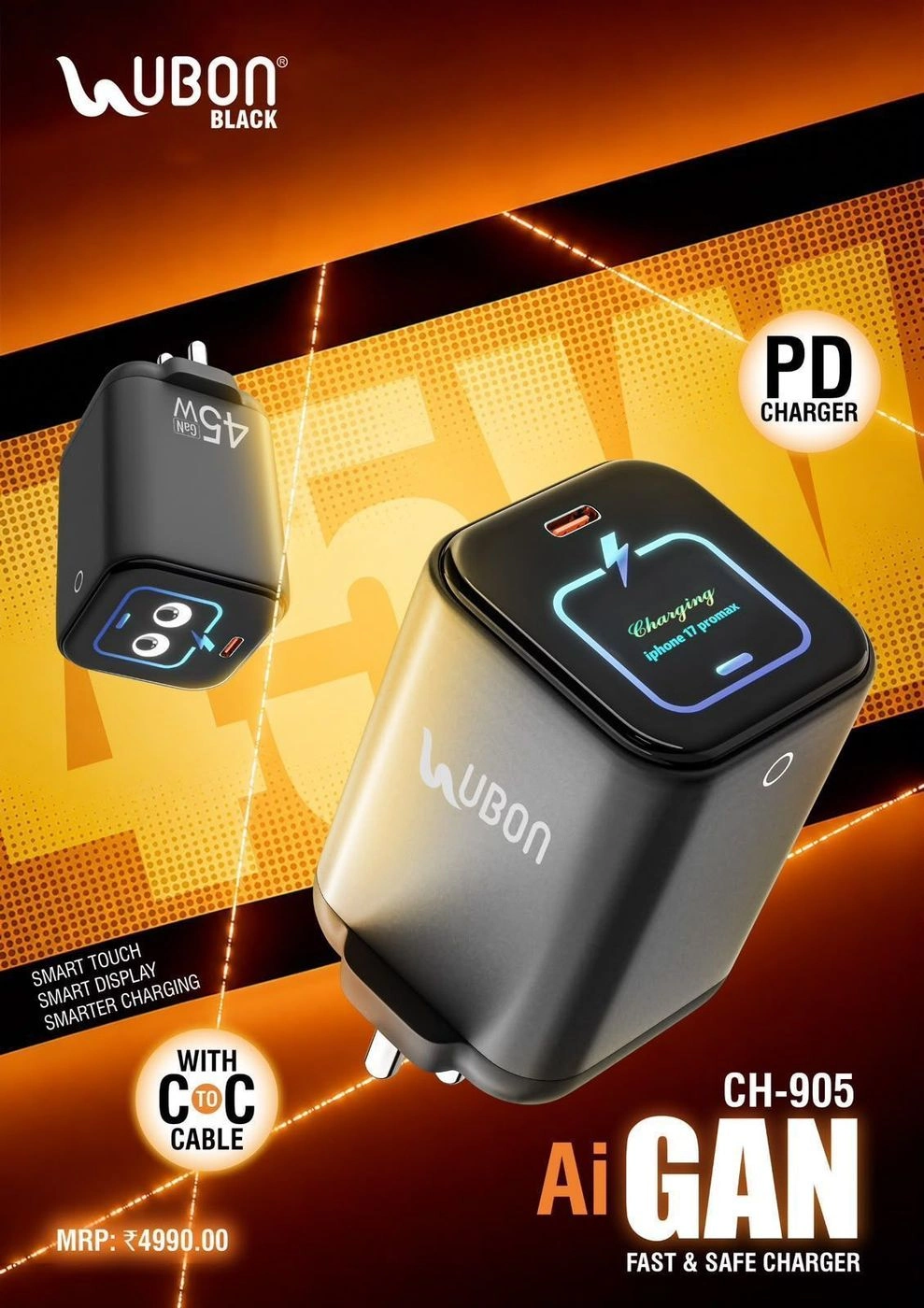 UBON Black CH-905 AI GaN 45W PD Fast Charger with Smart Touch Display