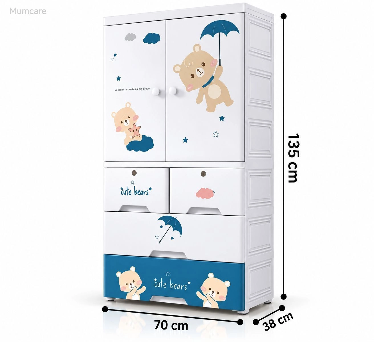 135 cm Stylish Kids Clothing Wardrobe with Shelves & Drawers ( 70×38×135 CM ) 7024 1