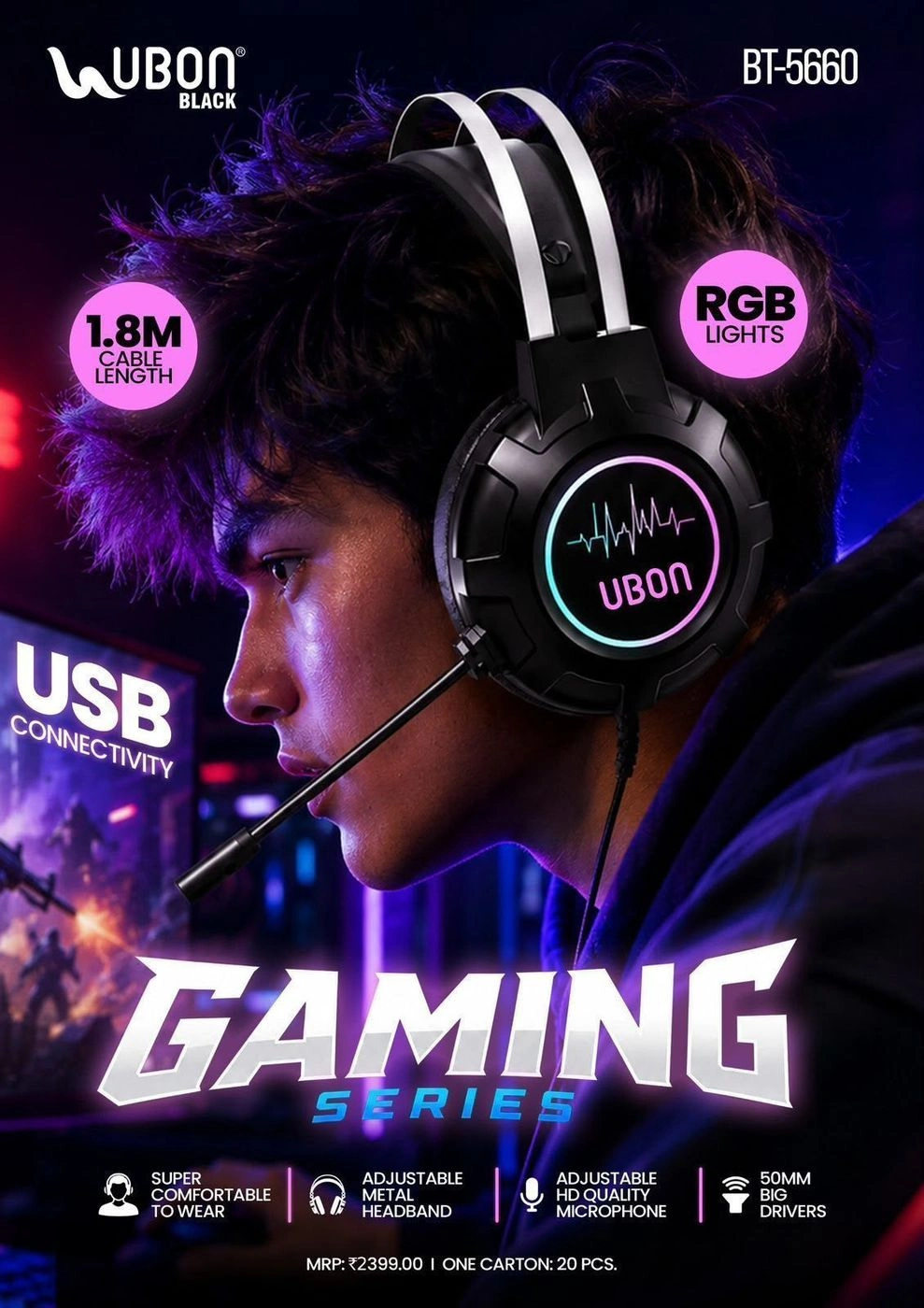 UBON BT-5660 Gaming Headphones with Mic & RGB Lights