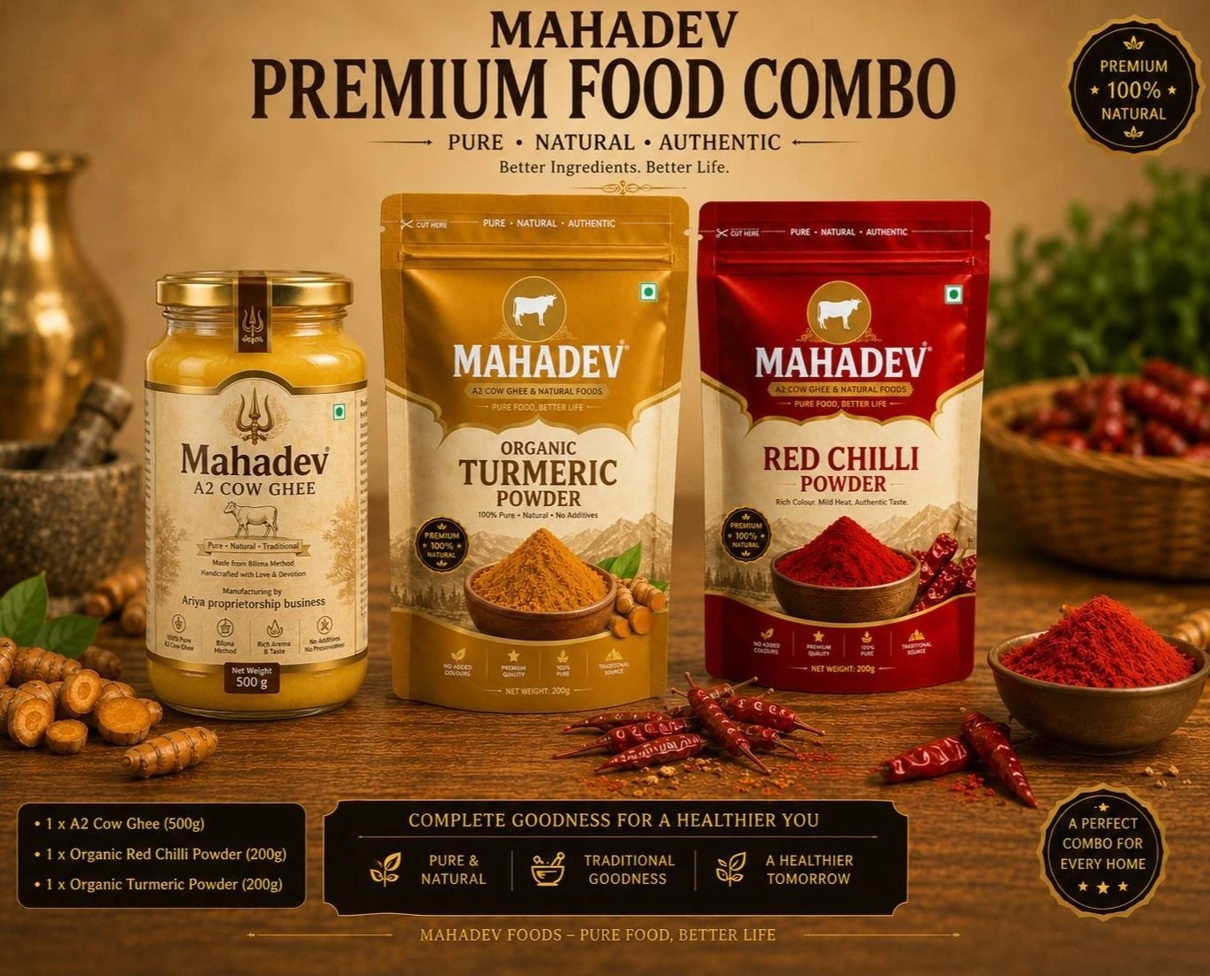Family Pack (500 ml Ghee + 200g Turmeric + 200g Red Chilli)