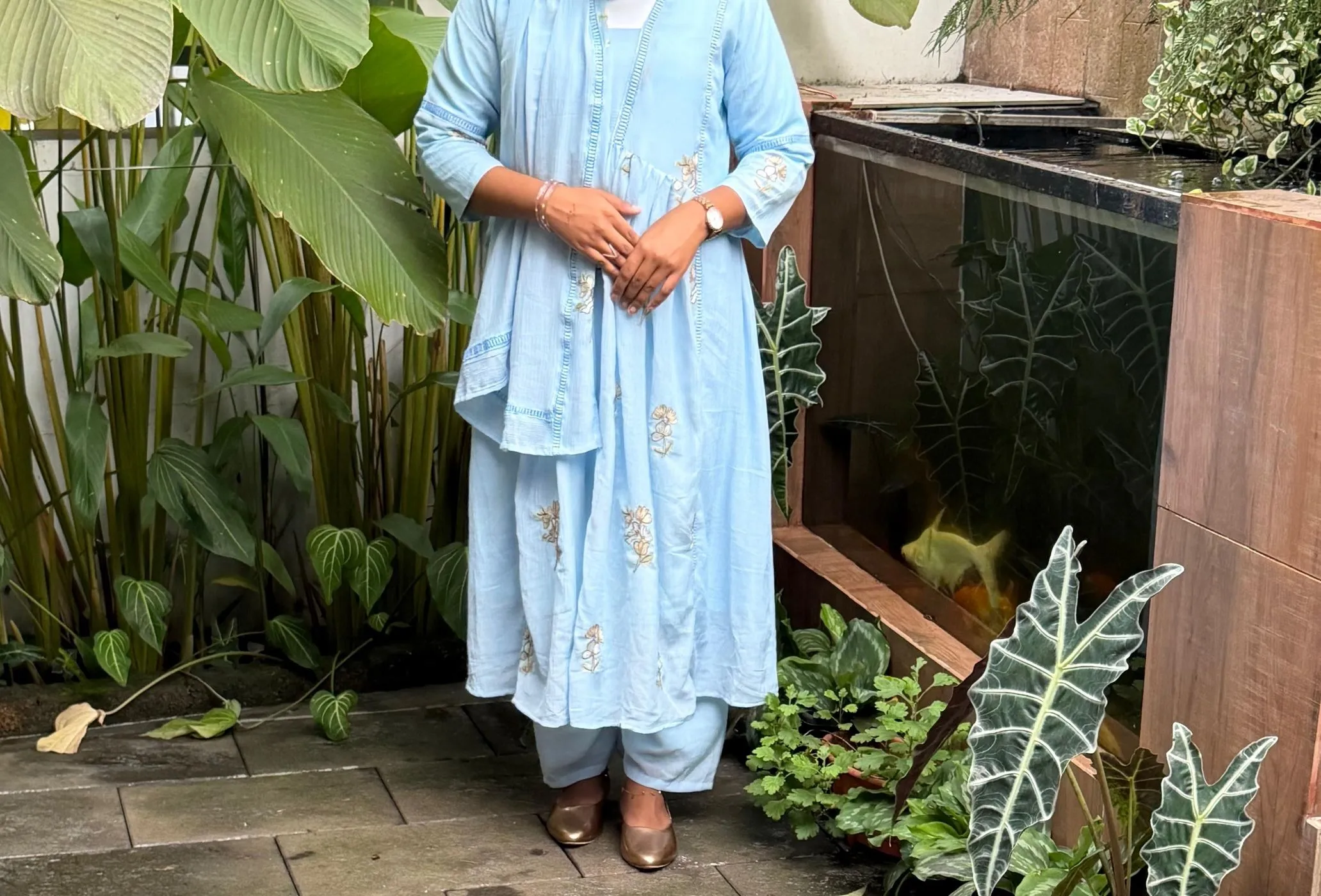 Premium Light sky Blue Floral Embroidered Layered Anarkali set