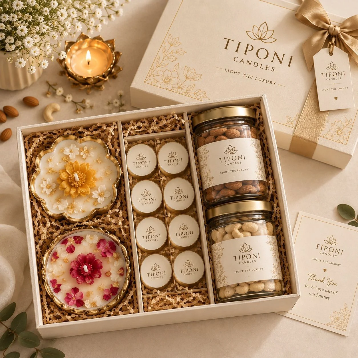 2 large decorative Tiponi Candles + 8 tea lights + 1 jar almonds + 1 jar cashews + premium box/packaging
