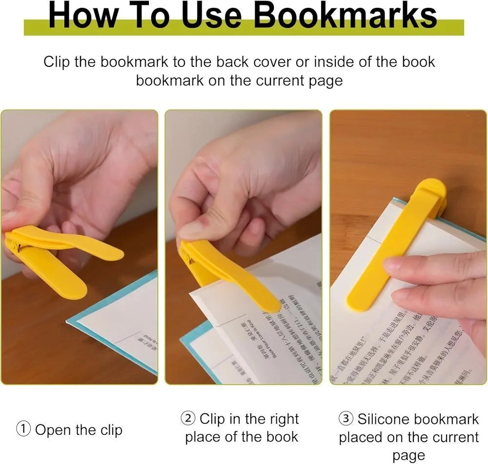 3Pcs Automatic Bookmark, Silicone Smart Book Marks,Cute Unique Book Markers Bookmark Clip Reading Accessories Gifts for Book Lovers (1 Yellow+1 Red+1 Blue) 4