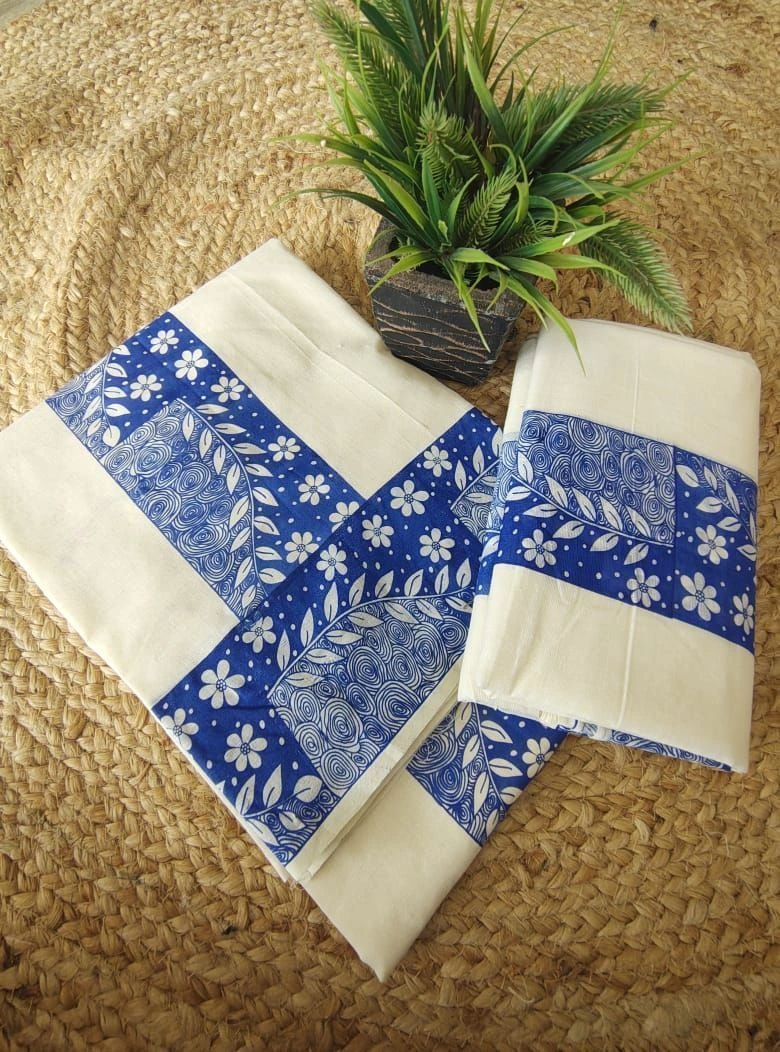 Elegant Printed Cotton Settu Mundu With Matching Blouse Piece ( Blouse Piece extra ₹180) 1