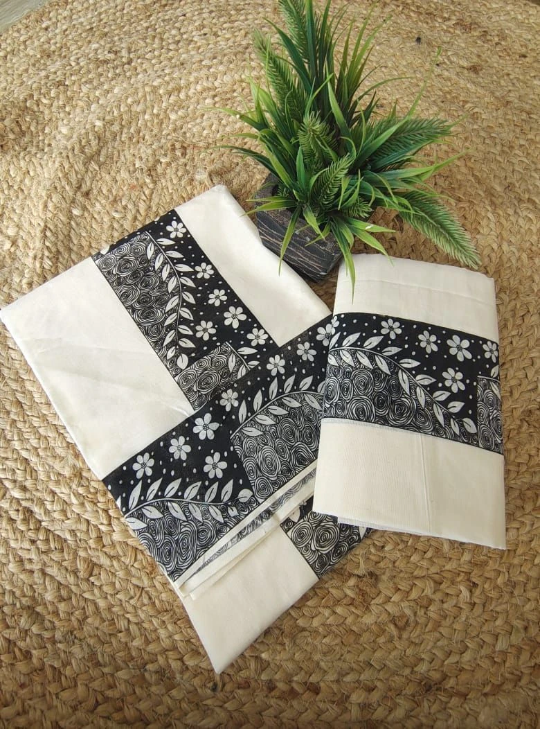 Elegant Printed Cotton Settu Mundu With Matching Blouse Piece ( Blouse Piece extra ₹180) 2