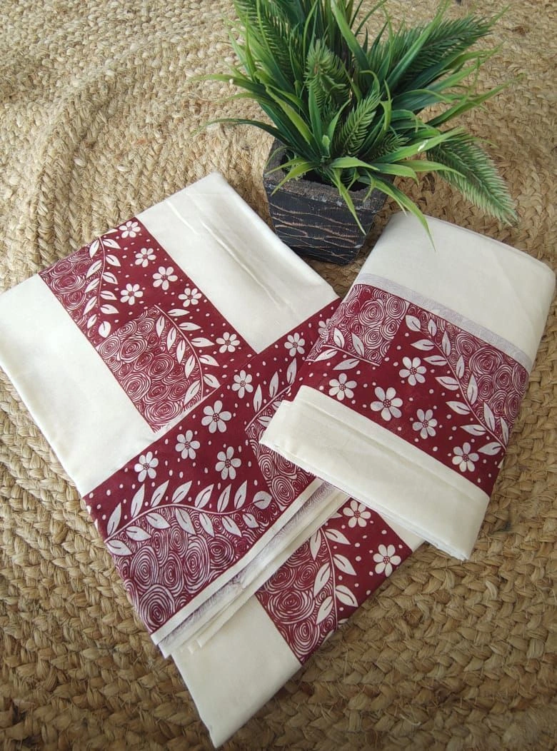 Elegant Printed Cotton Settu Mundu With Matching Blouse Piece ( Blouse Piece extra ₹180) 3