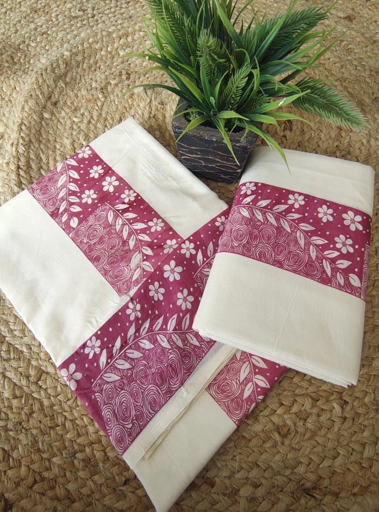 Elegant Printed Cotton Settu Mundu With Matching Blouse Piece ( Blouse Piece extra ₹180) 6
