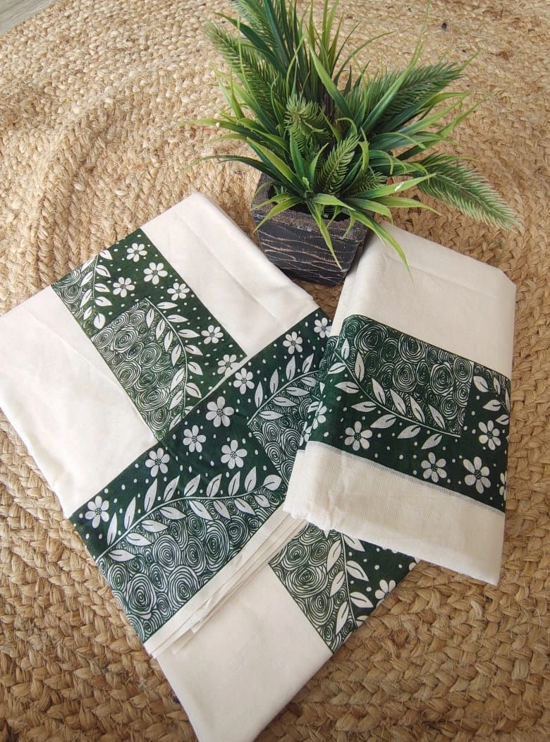 Elegant Printed Cotton Settu Mundu With Matching Blouse Piece ( Blouse Piece extra ₹180) 9