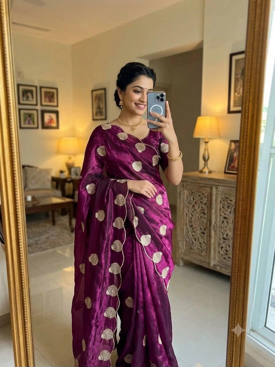 Space Sattin Multi Embrodairy Work Saree With blouse. 1